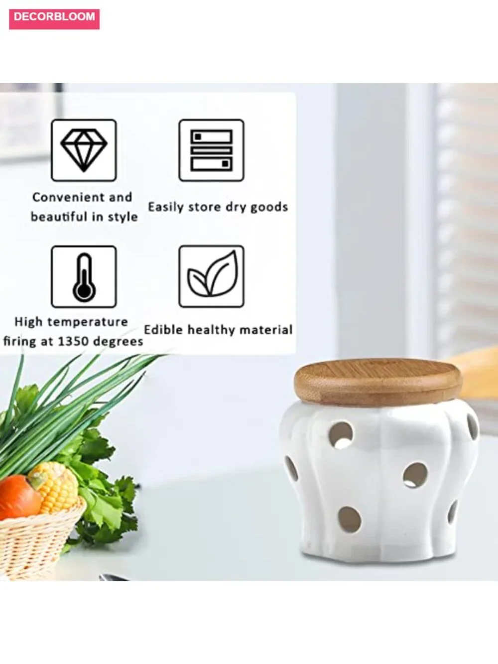 Ceramic Garlic Storage Container with Bamboo Lid - Ventilated Kitchen Canister